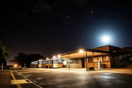 bus depot at night, with the moon shining above and stars twinkling in the sky, created with generative aiの素材