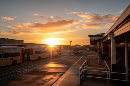 bus depot at sunrise, with the sun rising over the horizon, created with generative aiの素材