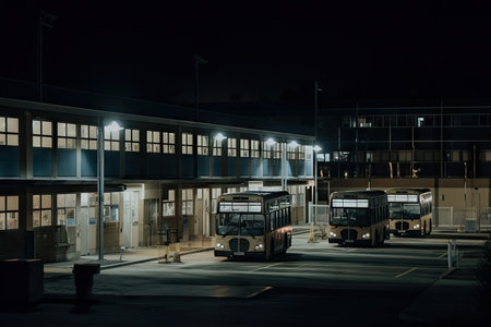 bus depot at night, with the glow of streetlights and signs visible, created with generative aiの素材