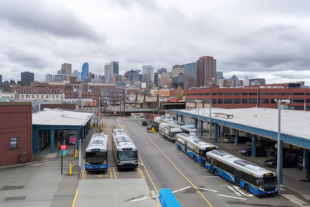 bus depot with view of downtown skyline, with people and cars bustling on the streets, created with generative aiの素材