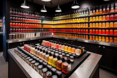 creative fast-food restaurant, with a variety of sauces and spices on display for customers to mix and match, created with generative aiの素材
