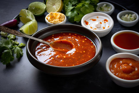 bowl of hot sauce, with options for dip and drizzle, created with generative aiの素材