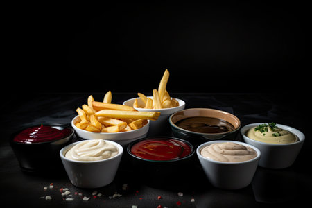 fries, dips, and sauces on black background, created with generative aiの素材
