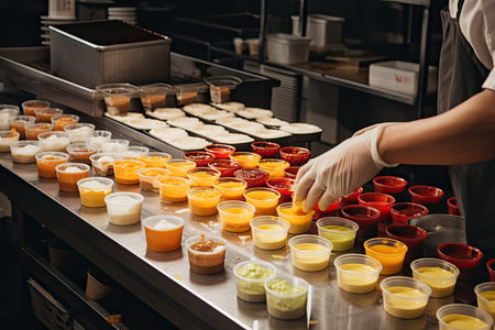 fast-food worker preparing stack of burgers with variety of sauces and toppings, created with generative aiの素材