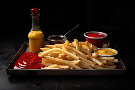 tray of ketchup, mustard, and mayo next to pile of greasy french fries on black background, created with generative aiの素材