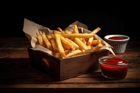 basket of freshly cooked french fries with ketchup, mustard, and hot sauce, created with generative aiの素材