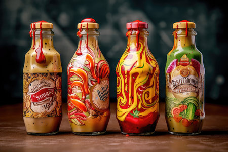 edible art of fast food condiments and sauces, with elaborate designs and patterns, created with generative aiの素材