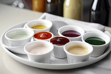 a variety of sauces and condiments on a white plate, created with generative aiの素材