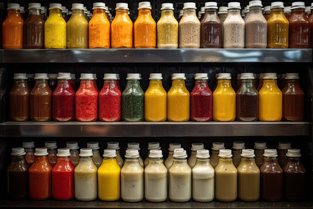 a variety of sauces and condiments in a restaurant display case, all different colors and textures, created with generative aiの素材