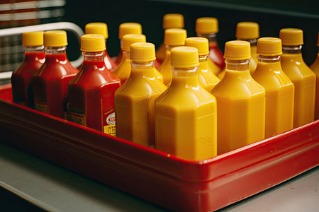 tray of ketchup and mustard bottles, ready to be used, created with generative aiの素材