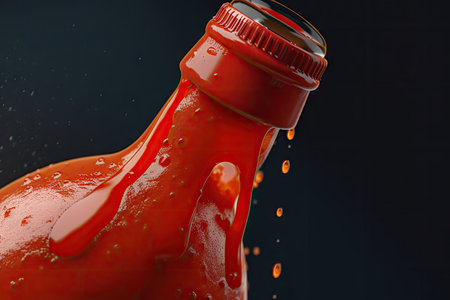 close-up of ketchup bottle with droplets of condiment dripping down the side, created with generative aiの素材