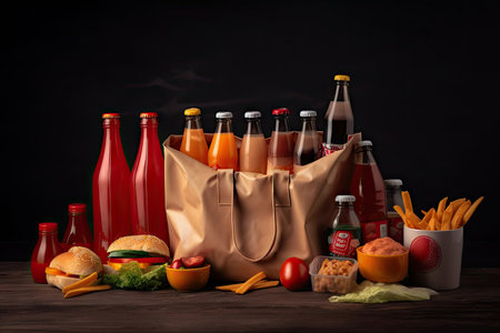 fast food bag, filled with different condiments and sauces, for creative photo shoot, created with generative aiの素材