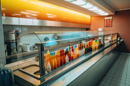fast food restaurant with variety of sauces and condiments for customers to choose from, created with generative aiの素材