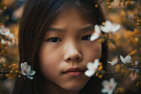 close-up of girls face with blooming flowers in the background, created with generative aiの素材