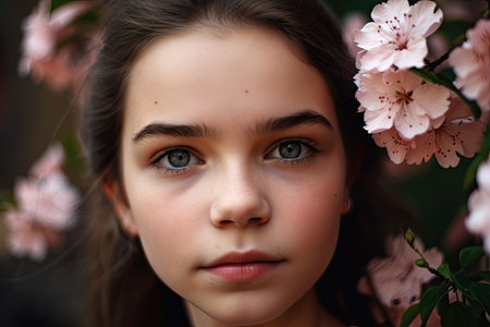 close-up of girls face with blooming flowers in the background, created with generative aiの素材
