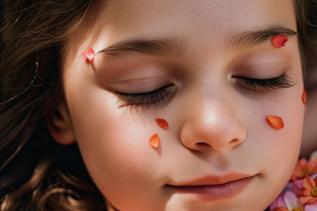 close-up of flower petals resting on girls cheek, created with generative aiの素材