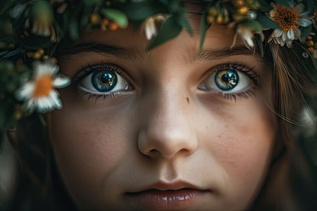 close-up of girls face, with flowers and leaves framing her eyes, created with generative aiの素材
