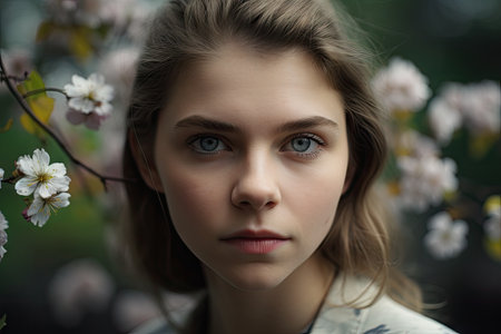 portrait of girl, with delicate blooms in the background, gazing into the camera, created with generative aiの素材