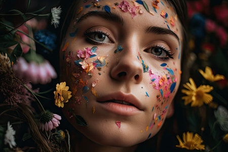 close-up of girls face, with colorful and delicate flowers blooming on her skin, created with generative aiの素材