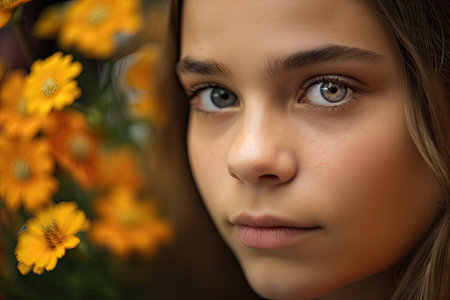 close-up of girls face, with flowers in the background, created with generative aiの素材