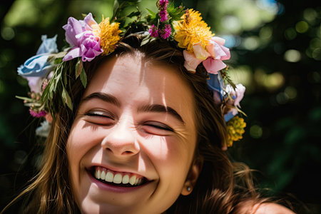 girl, laughing and smiling with flowers in her hair and on her face, created with generative aiの素材