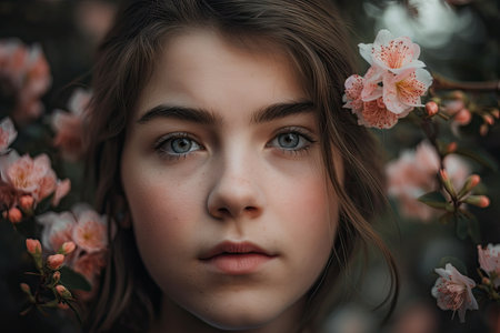 close-up of girls face with blooms in the background, created with generative aiの素材