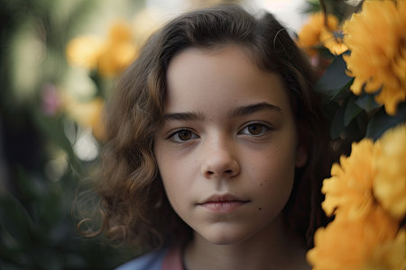 close-up of girls face with blooms in the background, created with generative aiの素材