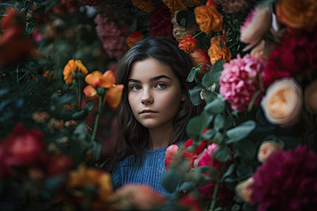 a girl with a serene expression, surrounded by flowers, created with generative aiの素材