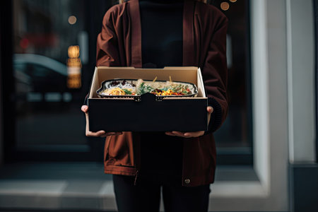 food delivery person, carrying box of warm and delicious food, created with generative aiの素材