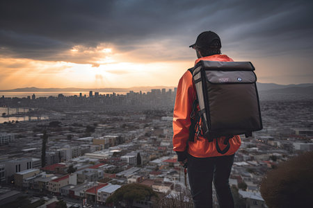 person, eagerly waiting for their food delivery, with view of the bustling city visible in the background, created with generative aiの素材