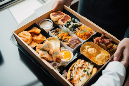 food delivery service, with a variety of different cuisines, on a tray, created with generative aiの素材
