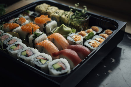 fresh sushi, hand-delivered for a delicious dinner, created with generative aiの素材