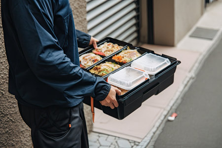 food delivery person, carrying tray of hot and delicious food to customers door, created with generative aiの素材