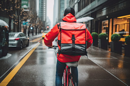 food delivery person, riding their bike through city streets, with order in basket, created with generative aiの素材