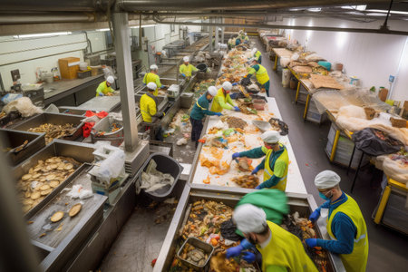 food waste recycling facility, with workers sorting and repurposing discarded food for reuse, created with generative aiの素材