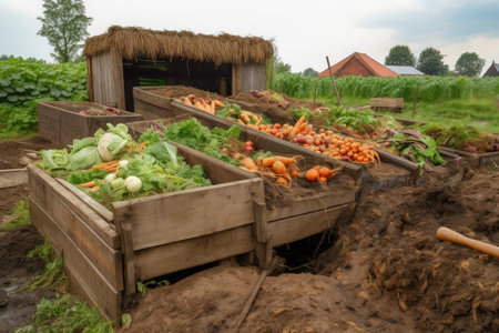 a farm or garden producing vegetables and fruits for the community, with excess food waste composted, created with generative aiの素材