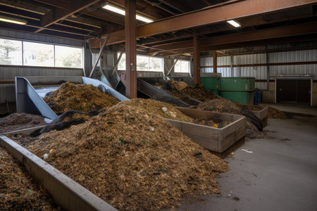 food waste recycling center, where excess food is repurposed for compost or animal feed, created with generative aiの素材
