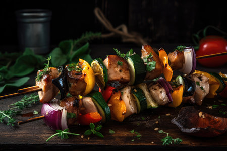 shishkabob skewered with grilled vegetables and herbs, created with generative aiの素材