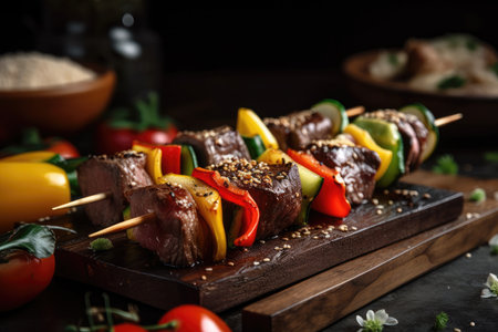 grilled beef shishkabob on bamboo skewer, with grilled vegetables and sesame seeds, created with generative aiの素材