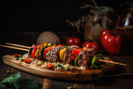 grilled beef shishkabob on bamboo skewer, with grilled vegetables and sesame seeds, created with generative aiの素材