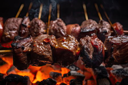 close-up of grilled beef shishkabob, with juices dripping and sizzling, created with generative aiの素材
