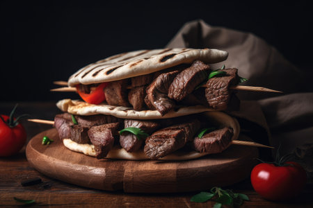stack of grilled beef shishkabobs, wrapped in warm pita bread, created with generative aiの素材