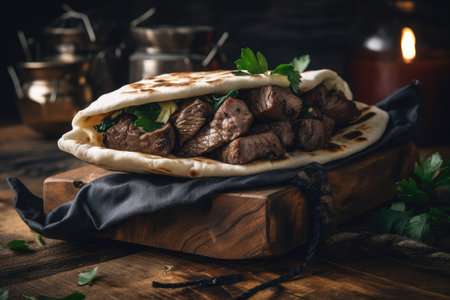 stack of grilled beef shishkabobs, wrapped in warm pita bread, created with generative aiの素材