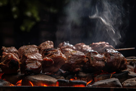 close-up of freshly grilled beef shishkabob, with smoke and sizzling juices visible, created with generative aiの素材