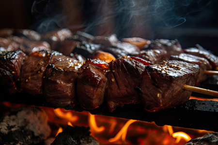 close-up of freshly grilled beef shishkabob, with smoke and sizzling juices visible, created with generative aiの素材
