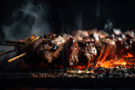 close-up of freshly grilled beef shishkabob, with smoke and sizzling juices visible, created with generative aiの素材