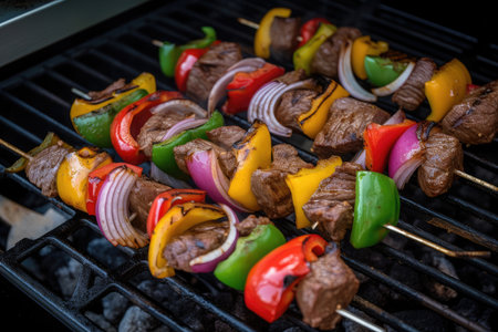 skewer of beef, bell peppers, and onions cooked to perfection on grill, created with generative aiの素材