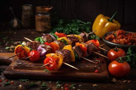 grilled beef shishkabob served on wooden skewer with vegetables and sauce, created with generative aiの素材