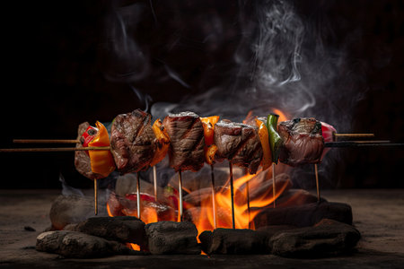 grilled beef shishkabob over open flame, with flames and smoke visible, created with generative aiの素材