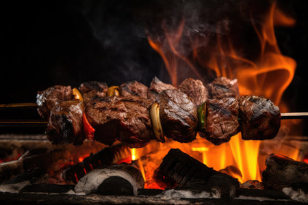 grilled beef shishkabob over open flame, with flames and smoke visible, created with generative aiの素材